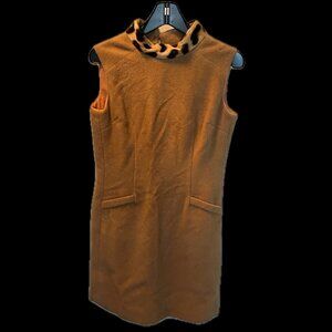 1960's Vintage Camel Wool Sleeveless Dress w/Leopard Collar